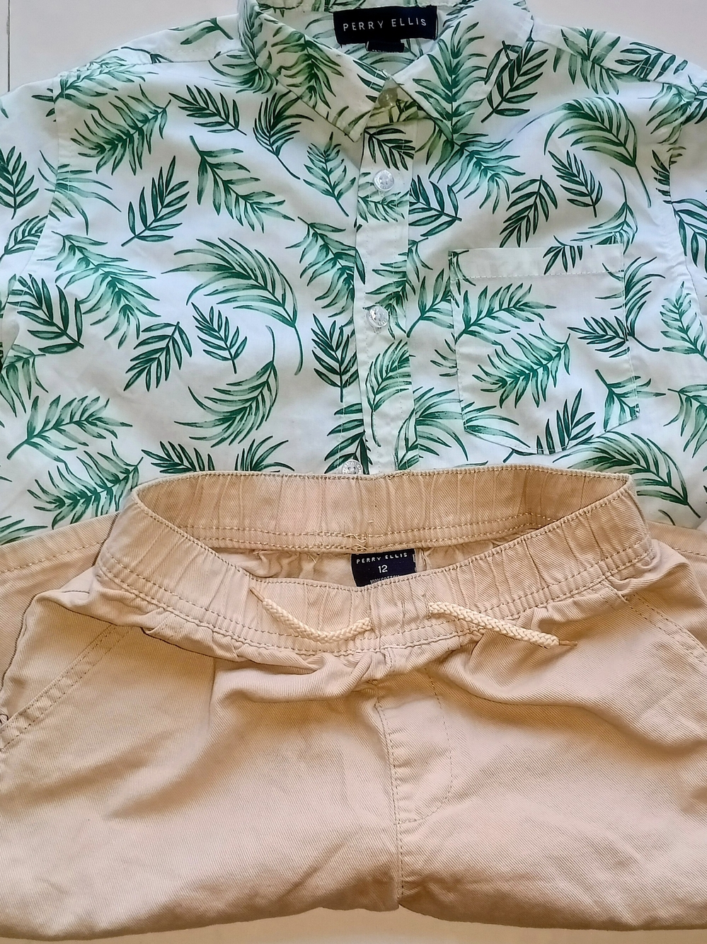 Perry Ellis Leaf Print Button-Up & Tan Drawstring Shorts Set Size 12 Boys